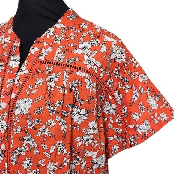 Charter Club Linen Blouse XL Orange Floral Blend Front Tie Cottagecore - Picture 2 of 10